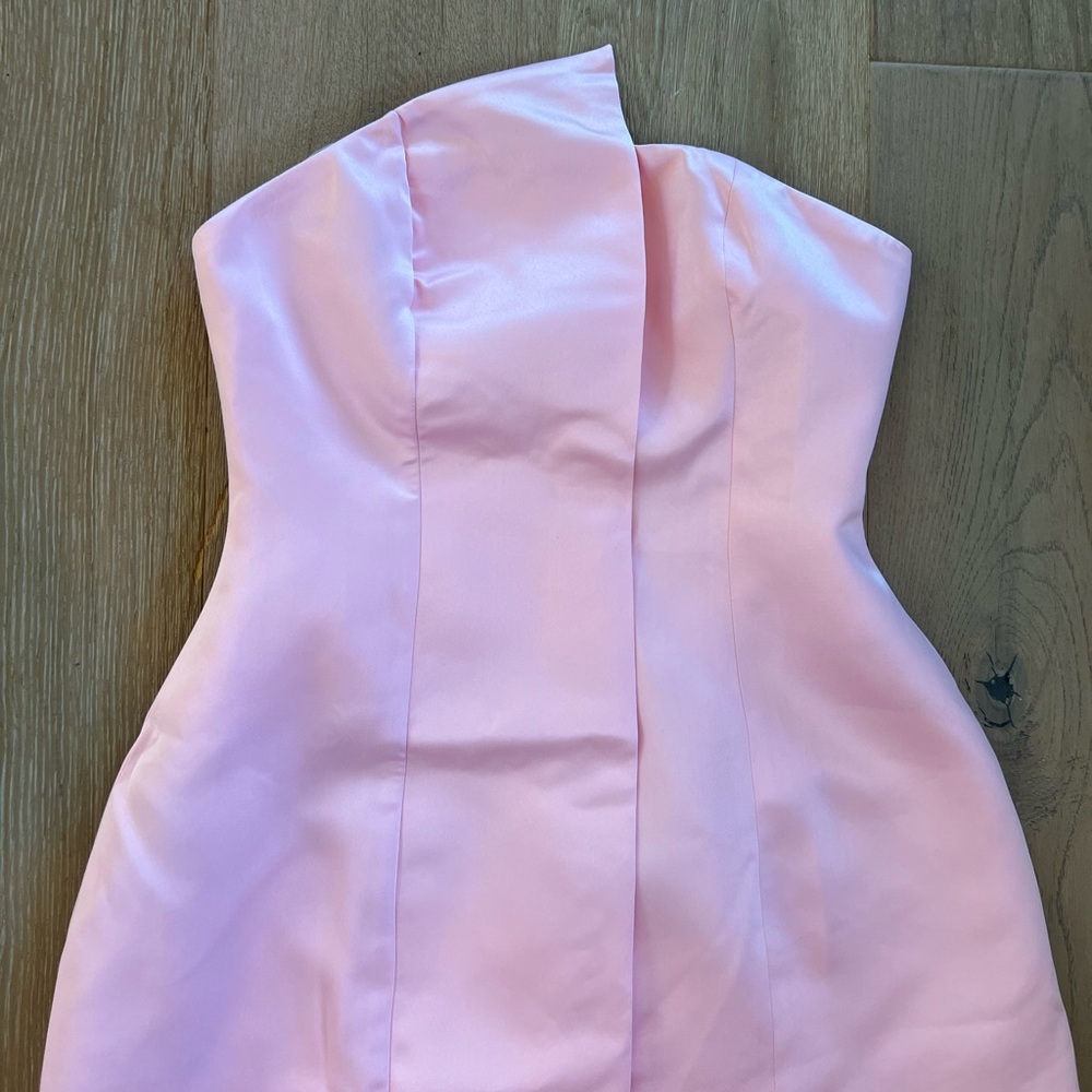 Commense Light Pink Gold Satin Asymmetrical Embellished Strapless Dress Medium - Picture 8 of 14